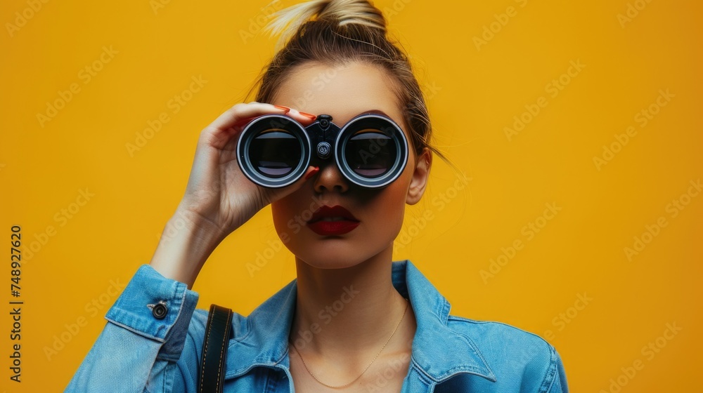 A woman in a denim jacket holding a pair of binoculars. Great for outdoor and exploration themes A woman in a denim jacket holding a pair of binoculars. Great for outdoor and exploration themes