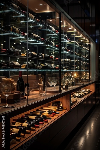 A contemporary wine cellar showcasing an impressive collection of bottles behind glass walls with LED lighting
