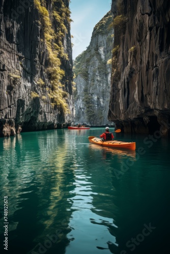 A person is kayaking in a river that winds through a breathtaking mountainous landscape. The clear waters reflect the towering mountains as the individual paddles through the serene environment