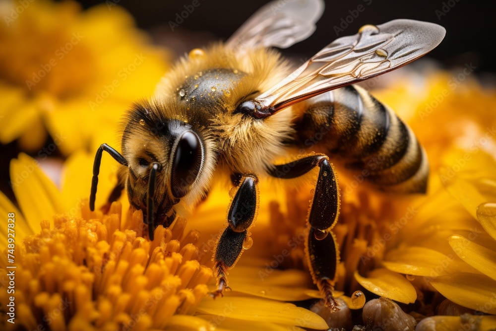 A close-up view of a bee actively gathering pollen from the center of a vibrant flower using its legs and proboscis. The bees fuzzy body and the colorful petals are prominently displayed in the frame A close-up view of a bee actively gathering pollen from the center of a vibrant flower using its legs and proboscis. The bees fuzzy body and the colorful petals are prominently displayed in the frame
