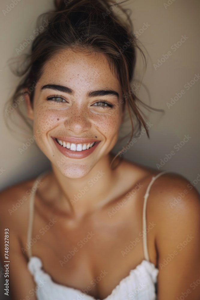 A woman with freckled hair smiling for the camera. Suitable for various concepts A woman with freckled hair smiling for the camera. Suitable for various concepts