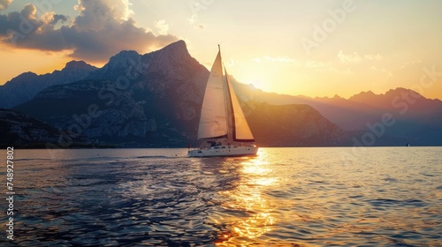 A sailboat sailing in the open ocean with majestic mountains in the background. Suitable for travel or adventure concepts