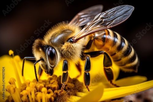 A detailed close up of a honeybee gathering pollen from a vibrant flower. The bee is actively pollinating the flower, showcasing the crucial role they play in the pollination process © Vit