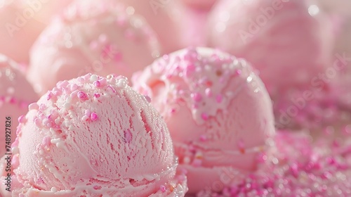  Close Up ice cream scoops are garnished with small, shaped sprinkles in various shades of pink. 