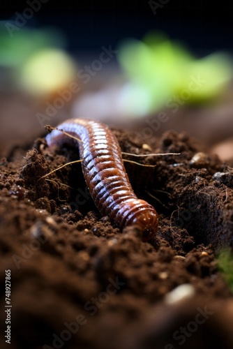 A detailed view of a caterpillar slowly crawling through the dirt, showcasing its movement and environment © Vit