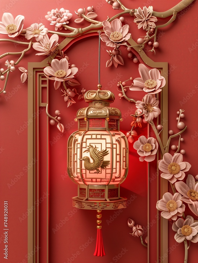 Chinese relief mural, Gold inlaid jade carving Chinese traditional lantern, light red minimalist background.