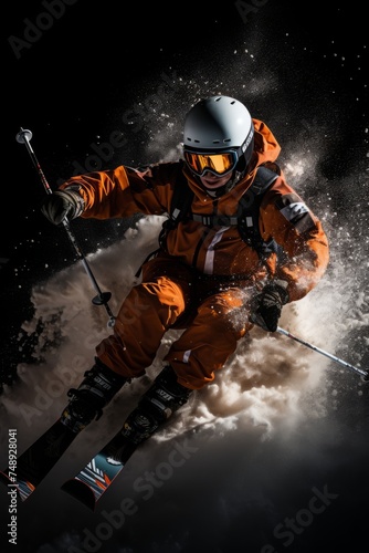 A man, identified as VetalVit, is freestyle skiing down a snow-covered slope, skillfully maneuvering his skis. He is launching off jumps and performing spins as he descends the slope © Vit