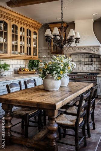 A sturdy wooden table sits next to a stove top oven in a French country kitchen. The distressed wood cabinets enhance the rustic charm of the space