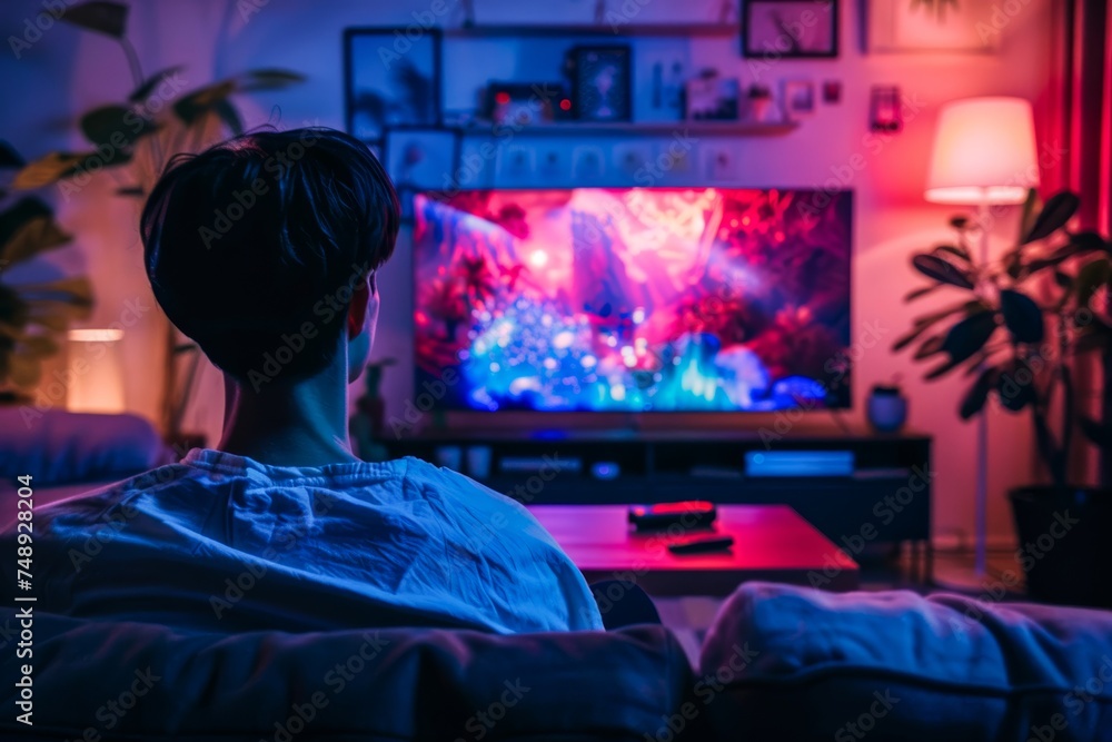 Young adult sitting comfortably on a couch being illuminated by the colorful glow of a TV screen in a cozy living room setting