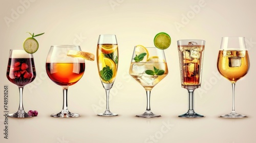 A row of glasses filled with different types of drinks. Ideal for beverage concepts