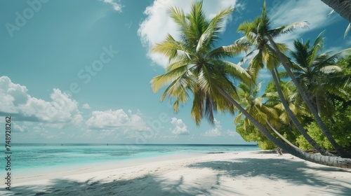A beautiful sandy beach with palm trees, perfect for travel brochures or vacation websites