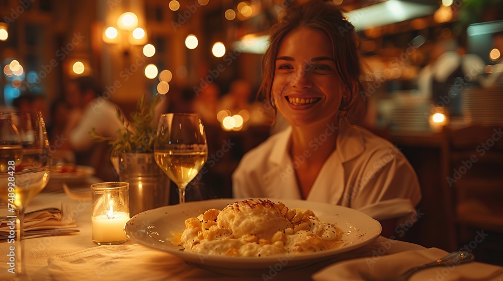 A woman at a table, smiling, enjoying food and wine