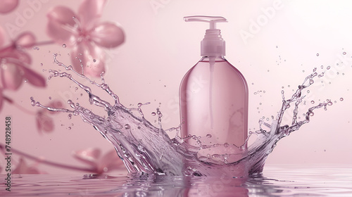 Liquid soap bottle splashing into a purple waterfilled drinkware
