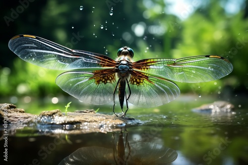 A macro shot of a dragonfly hovering near a pond, capturing the intricate details of its transparent wings © Vit