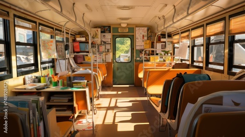 Interior of a subway train with sun light