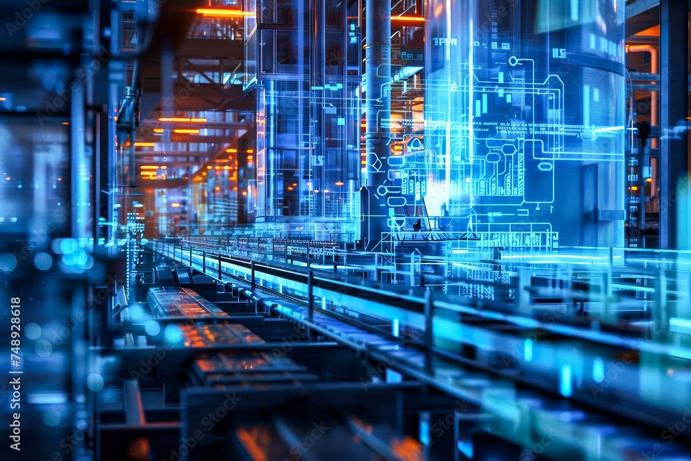 A digitally enhanced image of a modern factory with a futuristic blue holographic overlay A digitally enhanced image of a modern factory with a futuristic blue holographic overlay