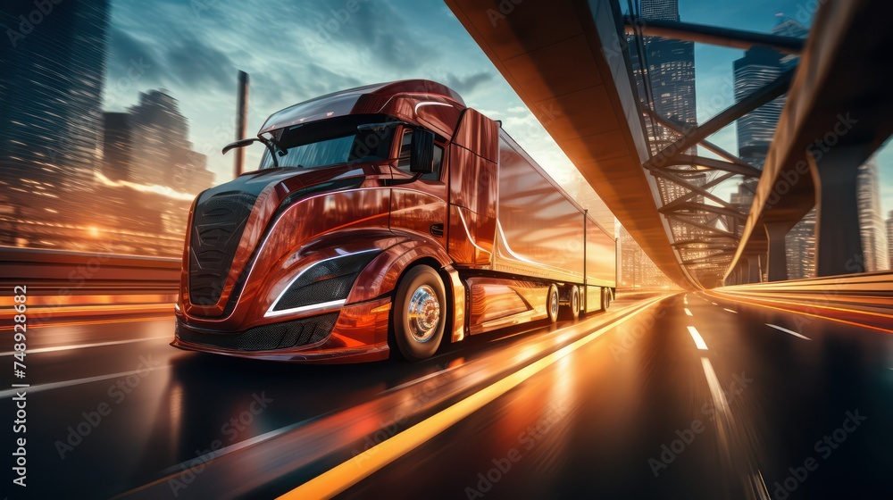 Truck on the road with motion blur background. Transportation concept