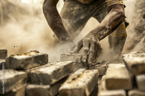 A construction worker carefully places bricks in a cloud of dust on a job site photo