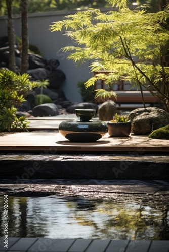 A modern zen garden with a pool in the center, surrounded by lush green trees and large rocks, creating a serene and harmonious outdoor space
