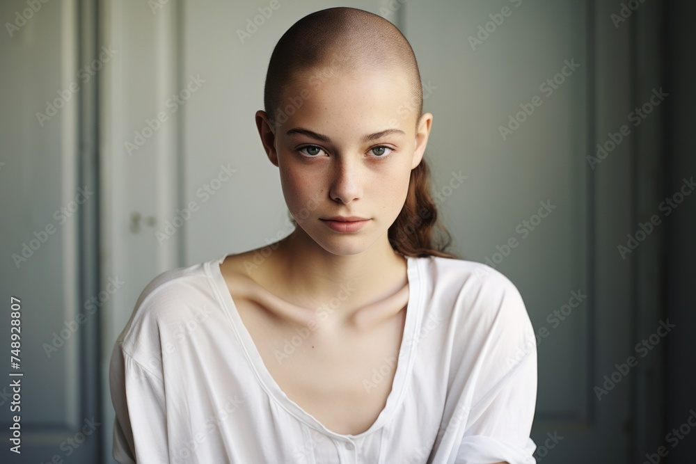 A woman confidently displays her shaved head while wearing a white shirt A woman confidently displays her shaved head while wearing a white shirt