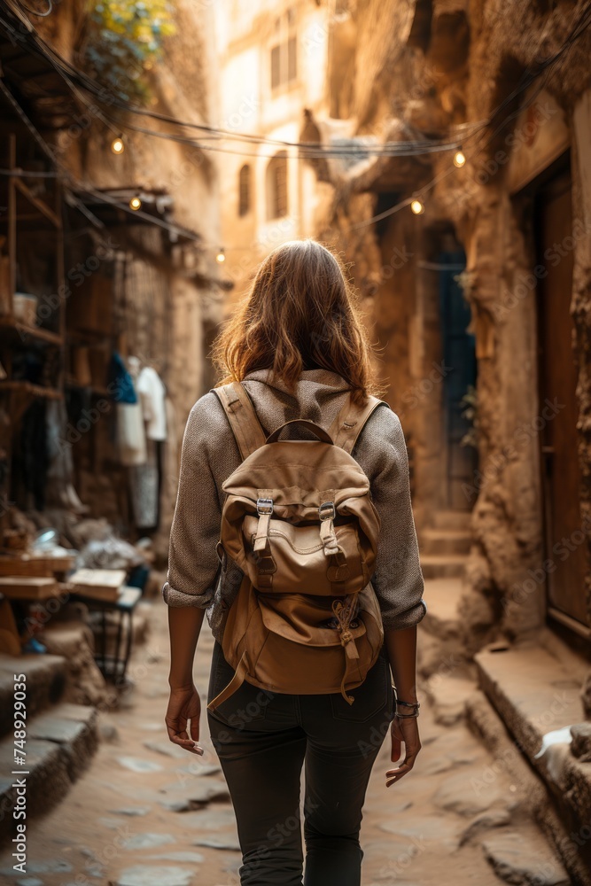 A solo traveler wandering through narrow alleyways in an ancient city, discovering hidden gems and local treasures