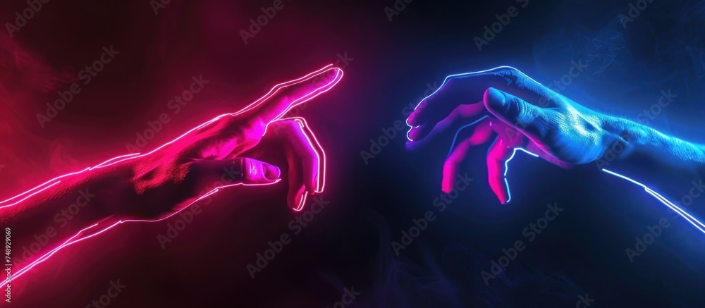 Two hands reach out to each other with neon light