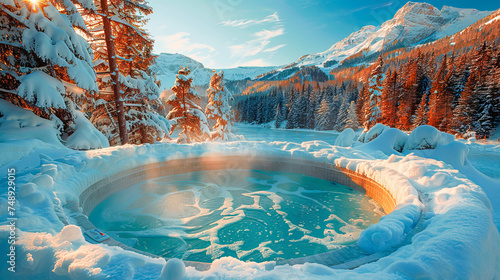 Open-air bath interior near forest, winter, snow view. hot tub outside photo