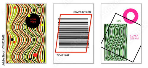 Geometric cover design, set of 3 covers. Abstract unusual background in Memphis style. Bright geometric shapes in random order