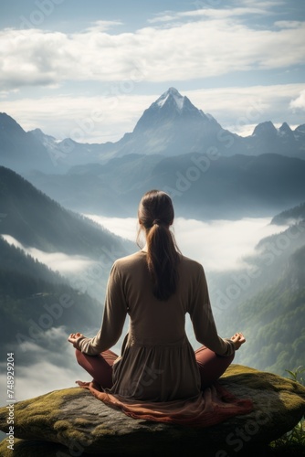A woman is seated on a large rock located in the midst of a dense forest. She appears to be meditating or contemplating her surroundings