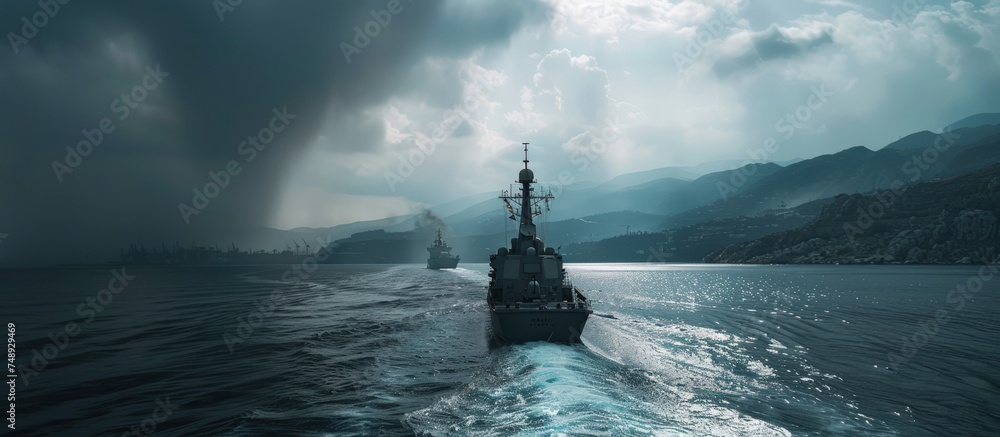 The Role of Heavily Armed Naval Ships. Protect and Maintain Shipping Lanes to ensure the safety of critical cargo and crew.generative AI - obrazy, fototapety, plakaty 