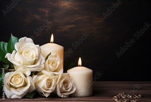a group of white roses and candles