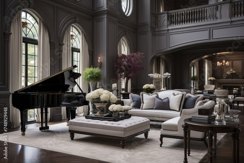 The formal living room is filled with elegant furniture, centered around a grand piano. The room exudes sophistication and class, with a blend of traditional and modern elements photo