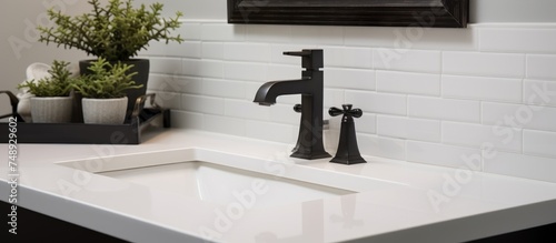 A black faucet is mounted on an undermount white ceramic sink in a bathroom. The sink is positioned next to a mirror on a vanity.