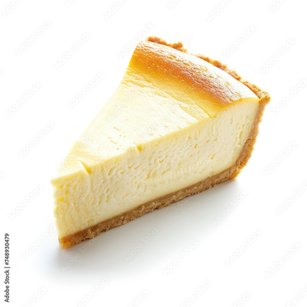 Slice of fresh baked homemade cheesecake dessert. Isolated on white background