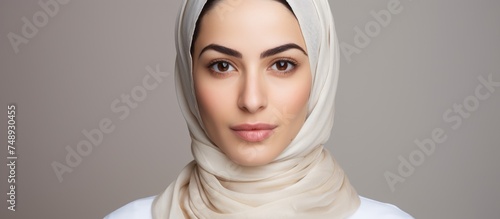 A close-up portrait of an Arab female doctor wearing a headscarf and a scarf. She exudes professionalism and confidence in her attire, symbolizing cultural identity and dedication to her profession.