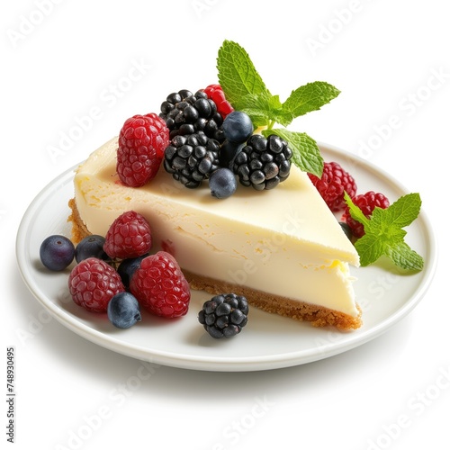 Slice of fresh baked homemade cheesecake with berries. Isolated on white background