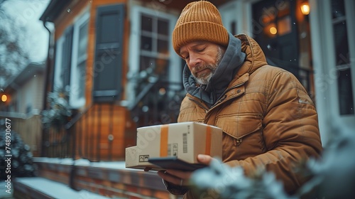 A man with a beard is holding a box and tablet outside a house in winter
