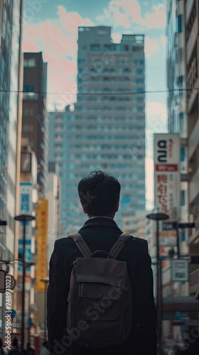 young businessman looking up at sky. AI generated illustration