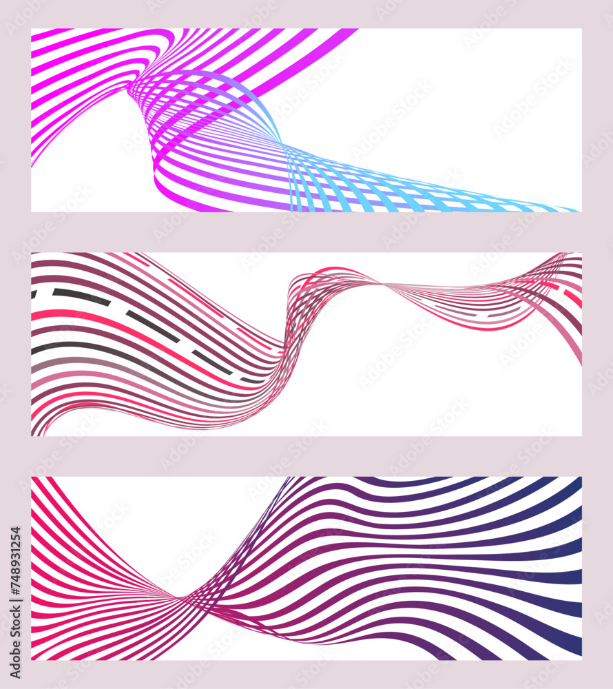 Wavy lines or ribbons. Set of 3 backgrounds. Multicolored striped gradient. Creative unusual background with abstract gradient wave lines to create a trendy banner, poster. vector eps Wavy lines or ribbons. Set of 3 backgrounds. Multicolored striped gradient. Creative unusual background with abstract gradient wave lines to create a trendy banner, poster. vector eps
