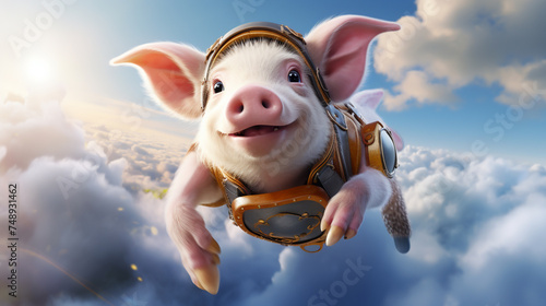 Capture the whimsy of 3D flying pigs soaring through cloudfilled skies blending fantasy with ultrarealistic textures Style Magical Realism 3D photo
