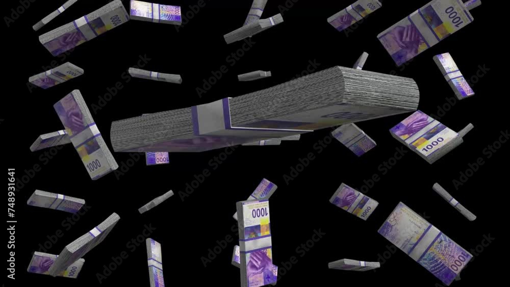 Swiss Banknotes Packs Falling On Black Background Swiss Banknotes Packs Falling On Black Background
