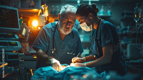 A man and a woman are sharing a medical procedure in the operating room photo