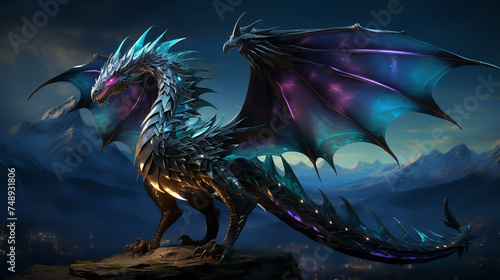 Depict a stunning black dragon its ebony scales detailed with holographic textures set against a highdefinition technologically enhanced mountain landscape Style Holographic Dragon Lore photo