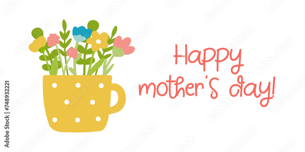 Mother's day banner vector illustration with flowers in cup. Isolated hand drawn flat design element.