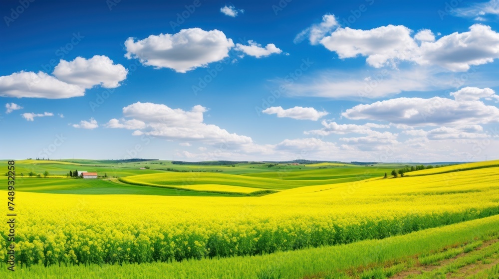 Obraz premium Summer yellow and green field, blue sky with clouds. Agriculture panoramic horizontal banner