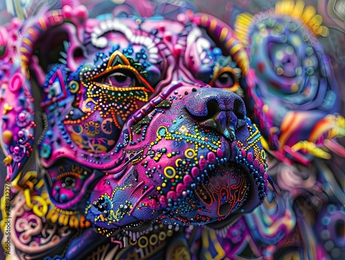 This is a highly detailed and surreal image of a dog, featuring a kaleidoscope of colors and complex, psychedelic patterns overlaying its face and body. The image portrays the animal with a mix of rea © StasySin