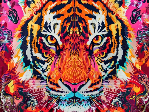 This image features a highly stylized and vivid depiction of a tiger's face, centered and looking directly forward. The artwork is characterized by its intense colors, ranging from deep oranges and re