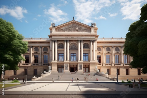 Historic Art Museum Facade: The grand facade of an art museum with neoclassical architecture, inviting visitors to explore cultural treasures.