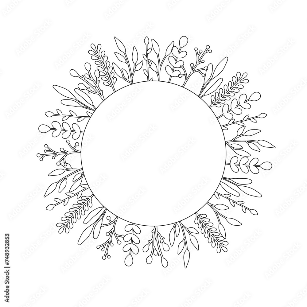 Floral round circle template black outline vector illustration in pastel colors isolated on white background.