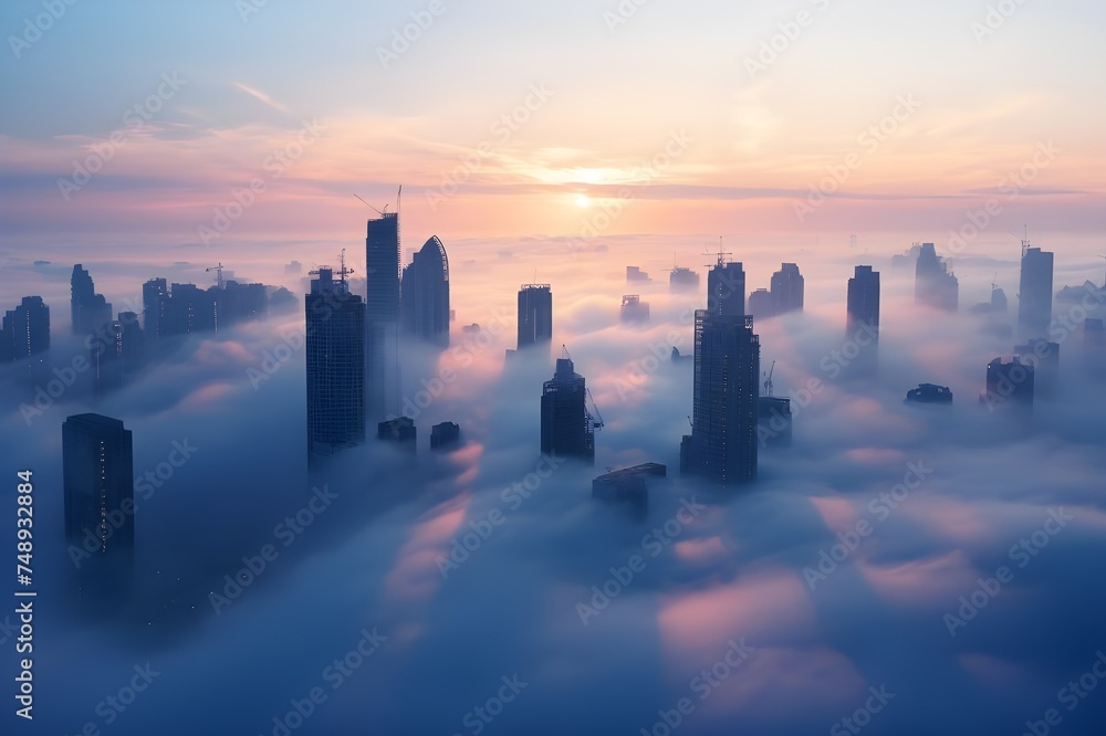 Cityscape Through Fog: A cityscape shrouded in ethereal fog, emphasizing the mystique and allure of urban architecture.

